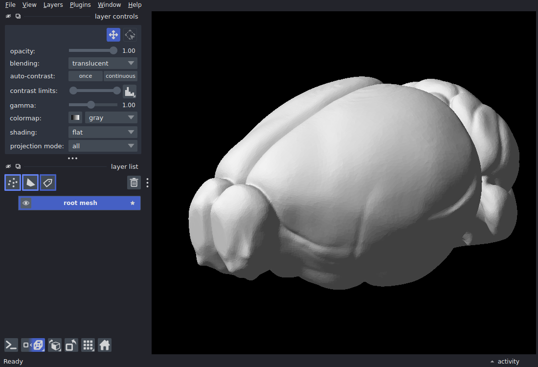 Whole-brain surface mesh of the Allen mouse atlas in napari
